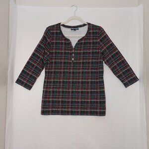 Women's Karen Scott green Plaid 3 Button V-Neck 3/4 Sleeve Size Large